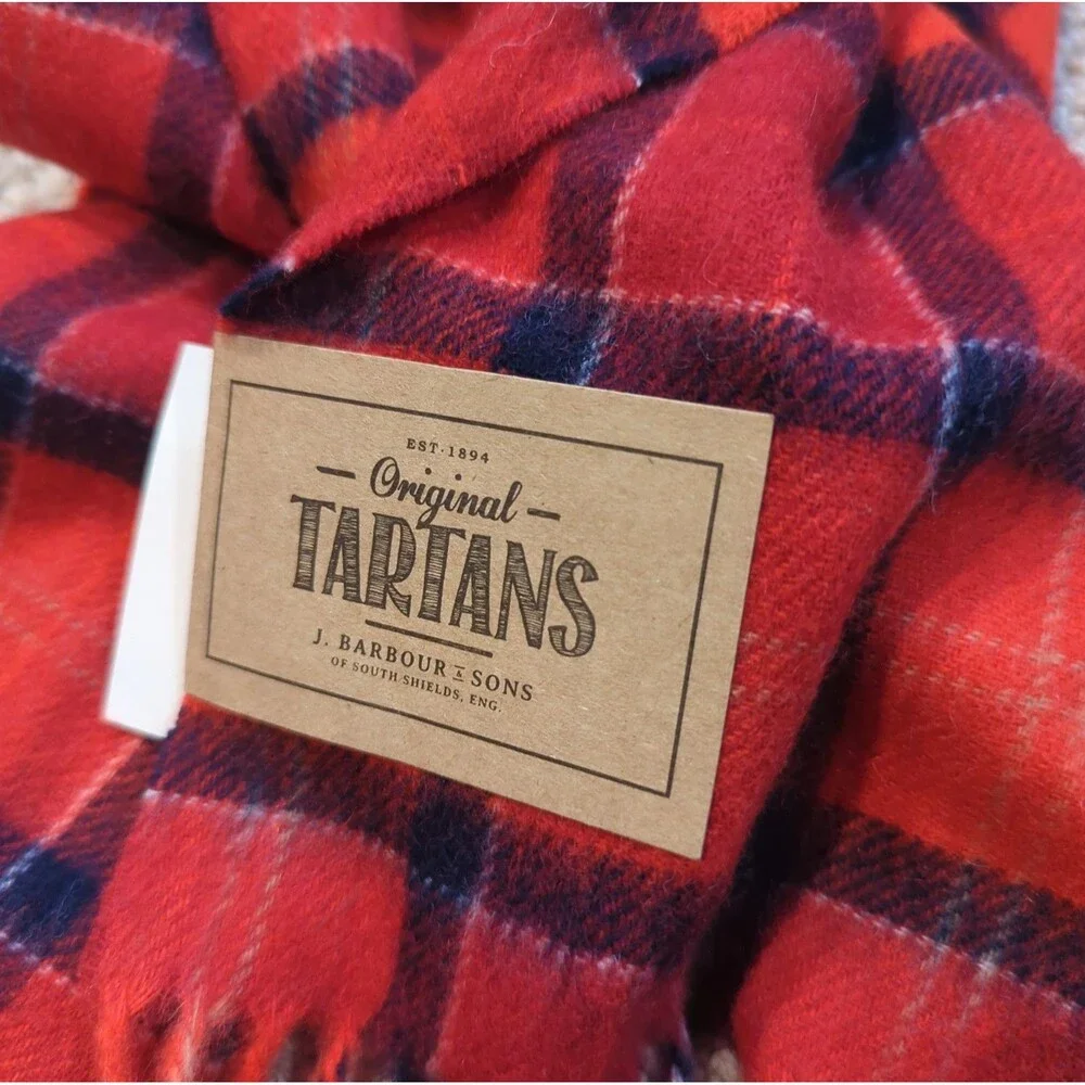 Barbour Original Taratans Lambswool Scarf Fringe Plaid Check Red